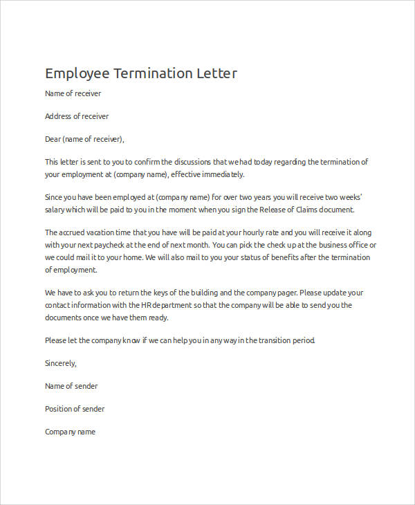 sample employee termination letter to download
