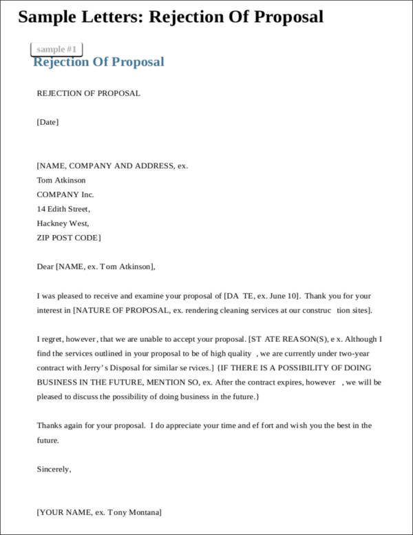 sample letters for rejection of proposal