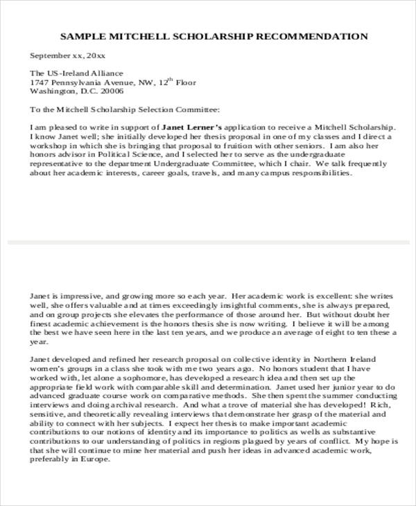 scholarship application recommendation letter