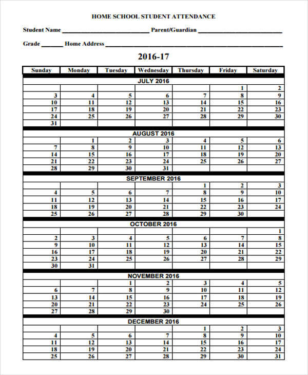 school attendance calendar