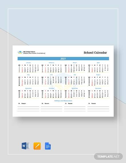 school calendar template