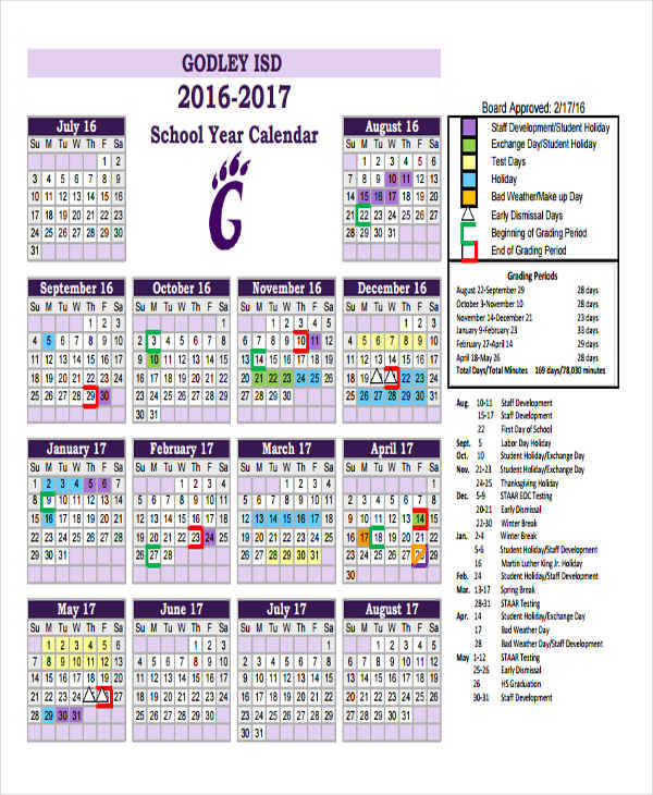 school monthly calendar