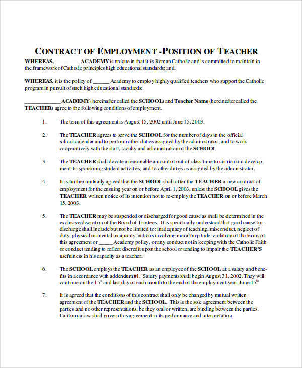 FREE 7+ Teacher Contract Samples & Templates in Google Docs MS Word