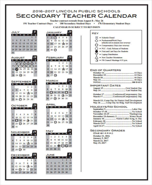 secondary teacher calendar