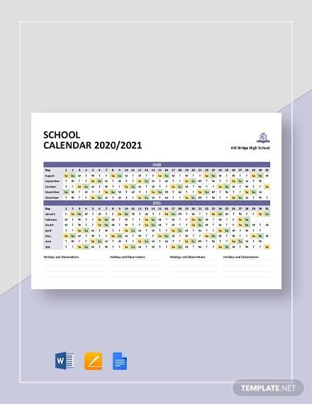 simple school calendar template