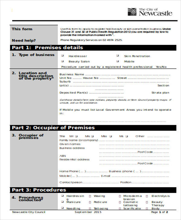 skin penetration registration application form