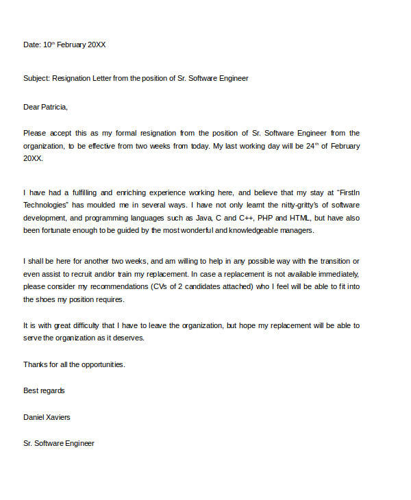 Resignation Letter Sample Software Engineer