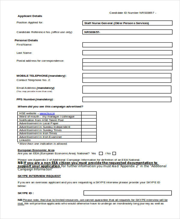 staff nursing application form