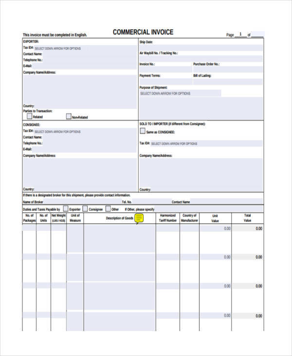 standard commercial invoice template