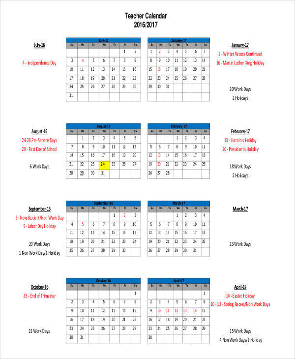 Free Printable Teacher Calendar Templates