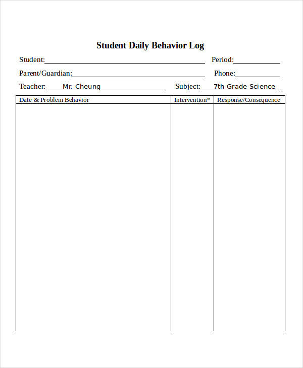 student daily behavior log