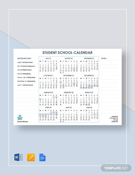 student school calendar template