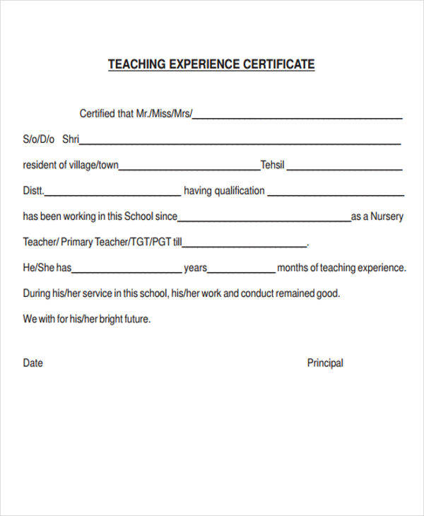 teaching experience certificate