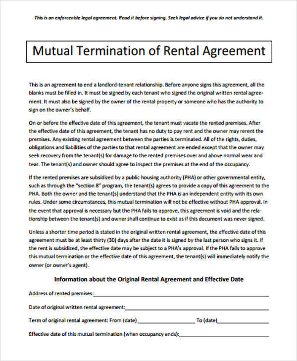 termination of rental contract
