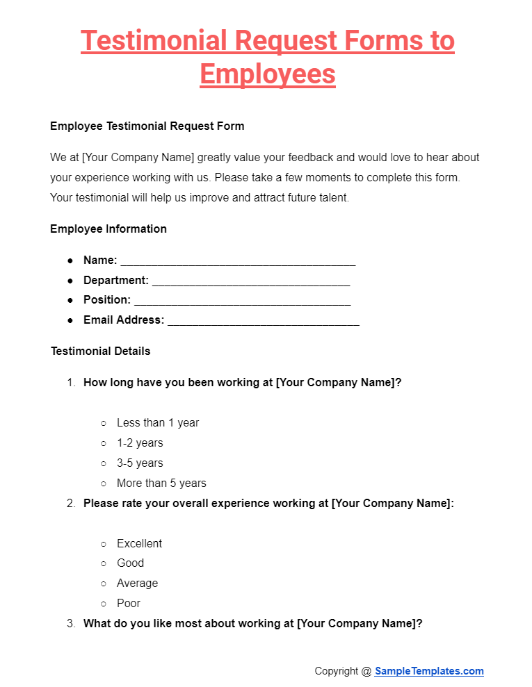 testimonial request forms to employees