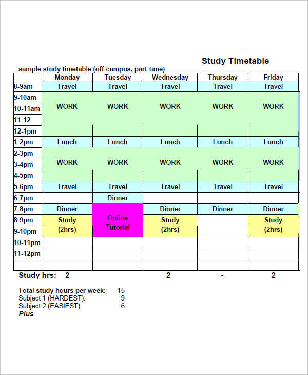 Study Time Table Chart
