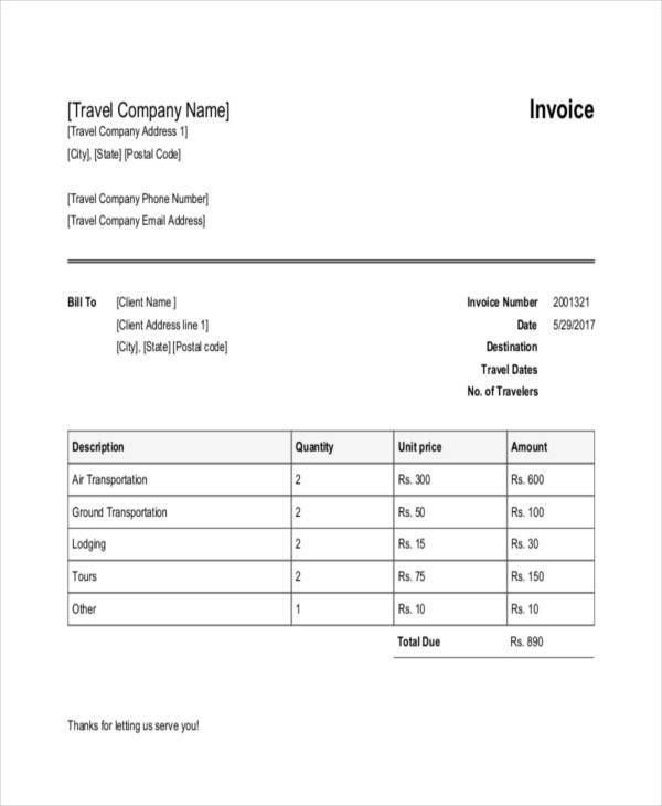 travel agency invoice form