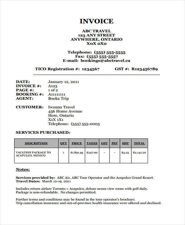 travel agency bill format pdf