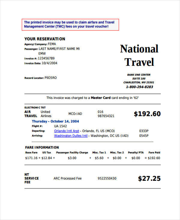 Travel Invoice Template Word