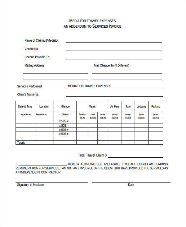 travel expenses bill format