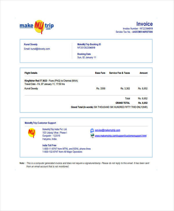 travel ticket invoice