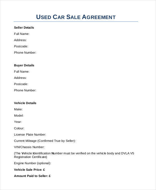 used car sales agreement contract