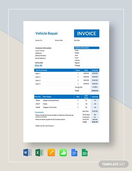 vehicle repair invoice template