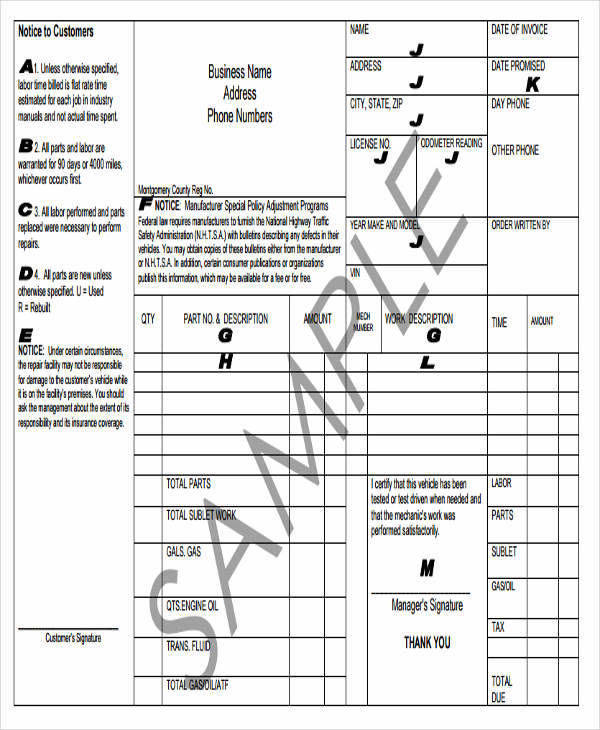 vehicle repair invoice