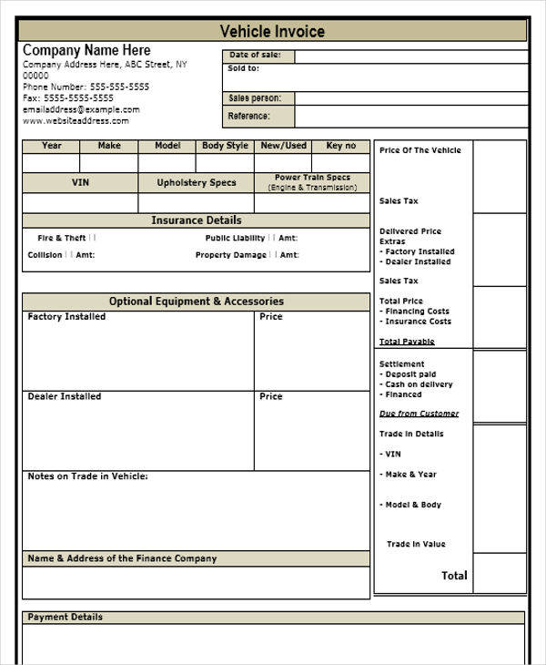 vehicle sales invoice template