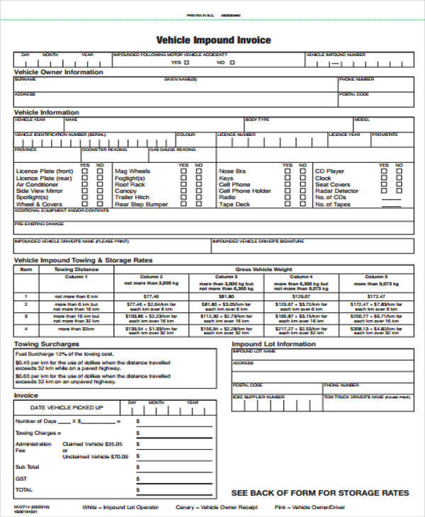 vehicle storage invoice