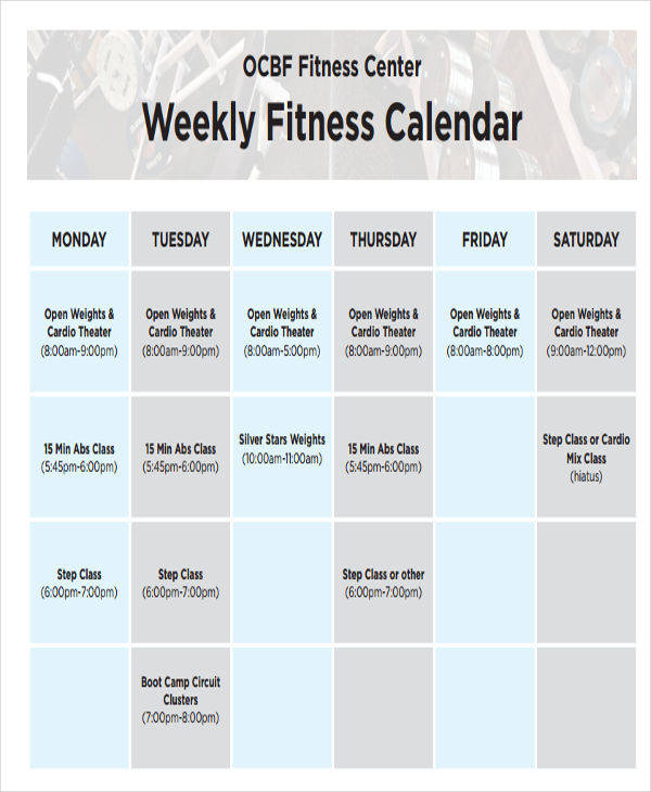 weekly fitness calendar