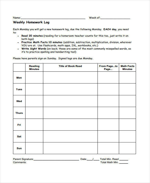 Homework Log Template