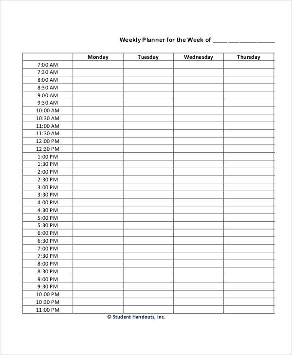 Weekly Hourly Schedule Template Printable