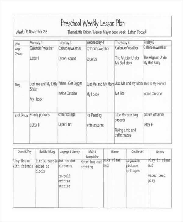 weekly lesson plan for preschool