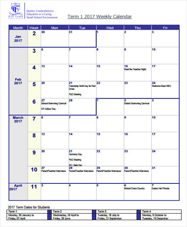 weekly meeting calendar