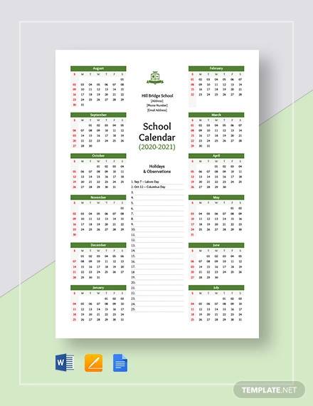 yearly school calendar template