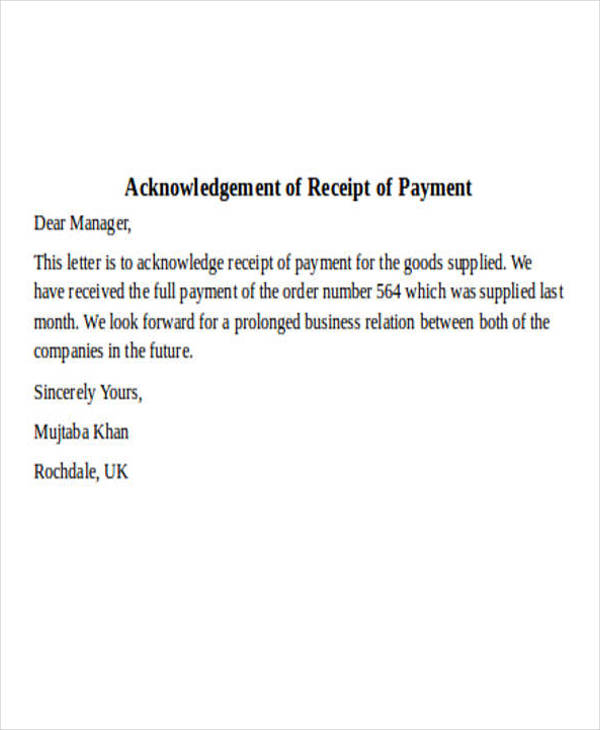 acknowledgement letter payment received