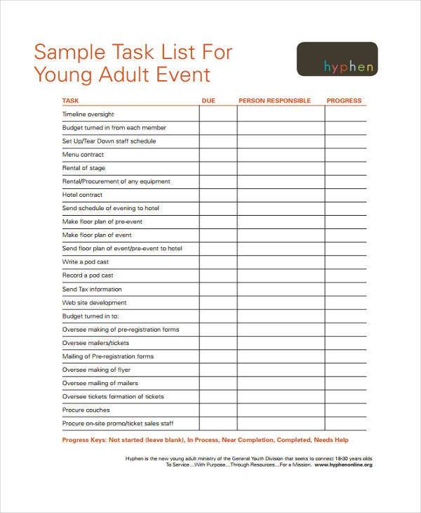 adult event task sample list