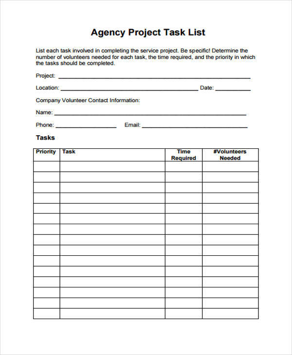 agency project task list