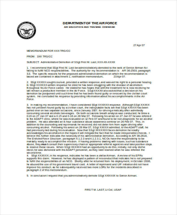 air force recommendation sample in doc