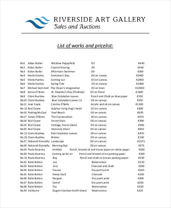 art gallery price list1