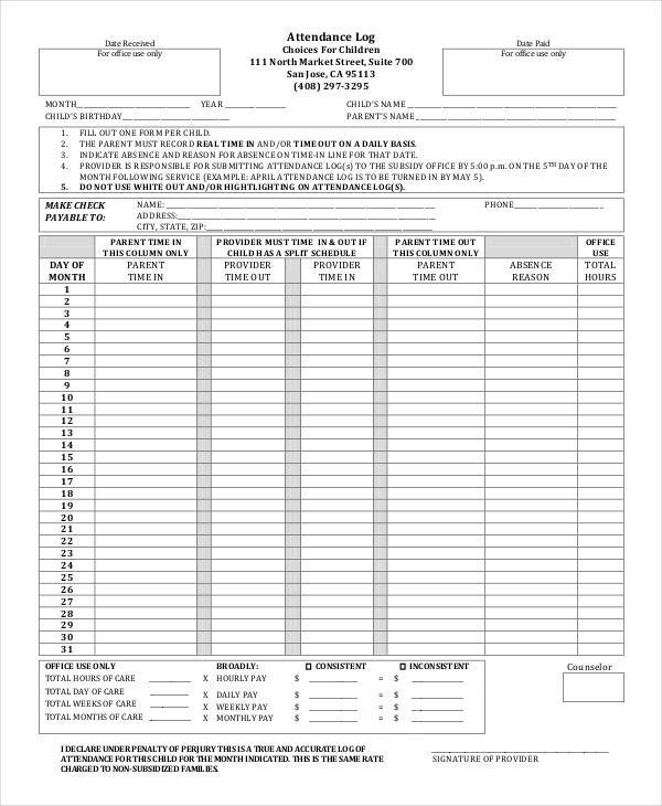 attendance log sheet printable