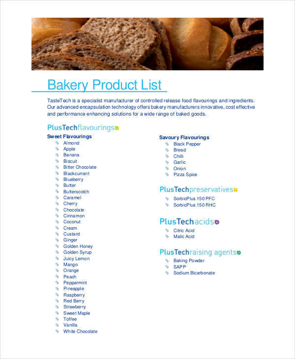 bakery product list