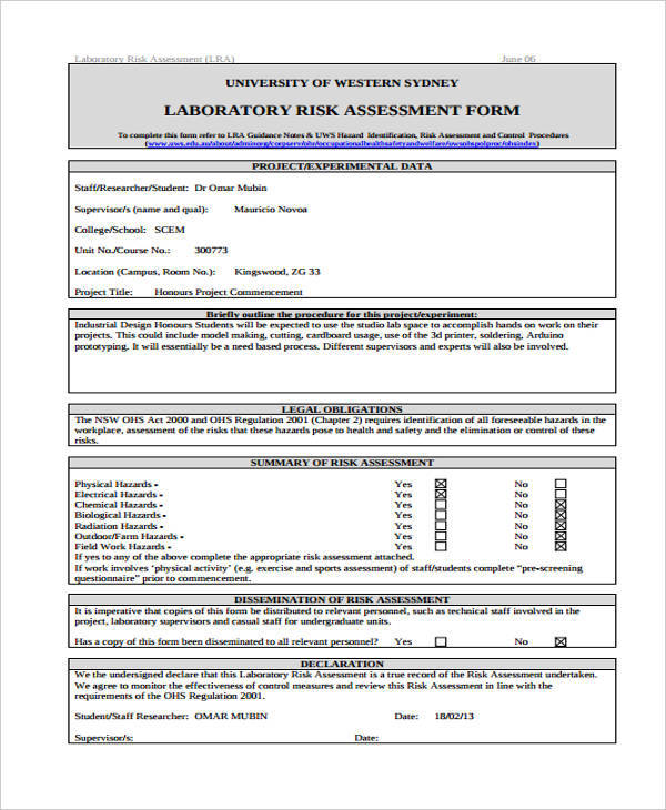 basic laboratory risk assessment form
