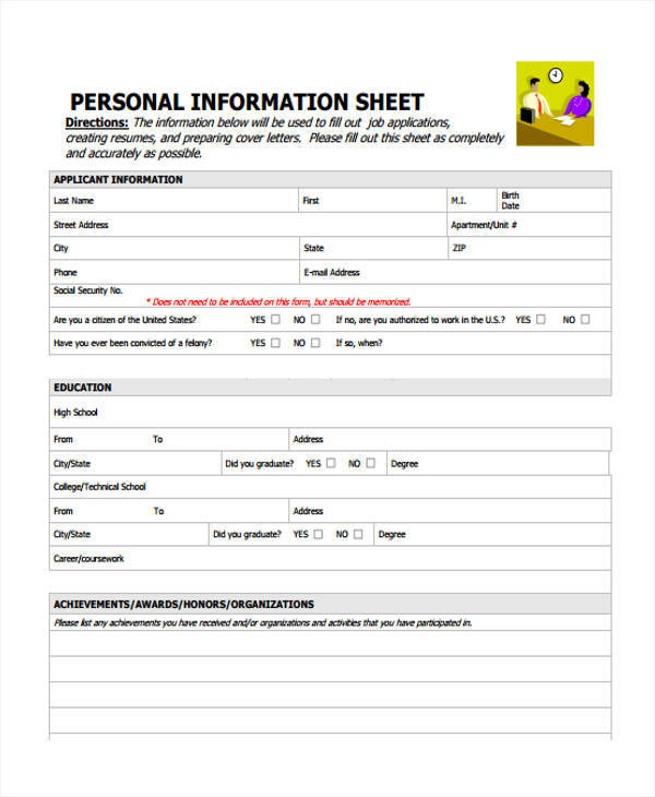 basic personal information sheet