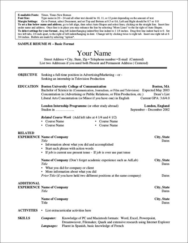 basic resume format outline