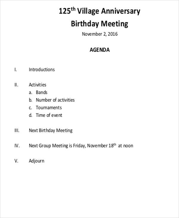 birthday meeting agenda