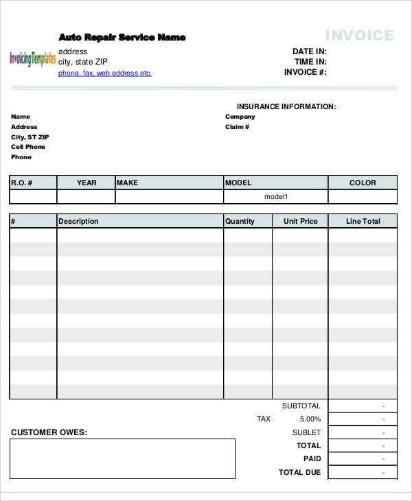 Vehicle Repair Free Printable Auto Repair Invoice Template Printable