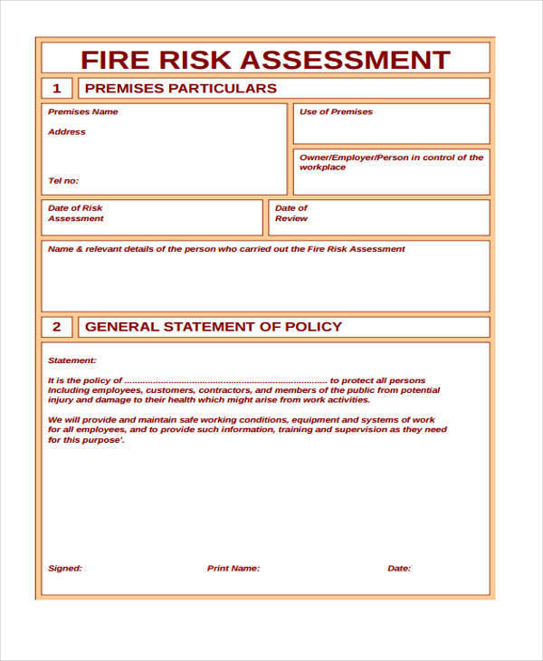 blank fire risk assessment form