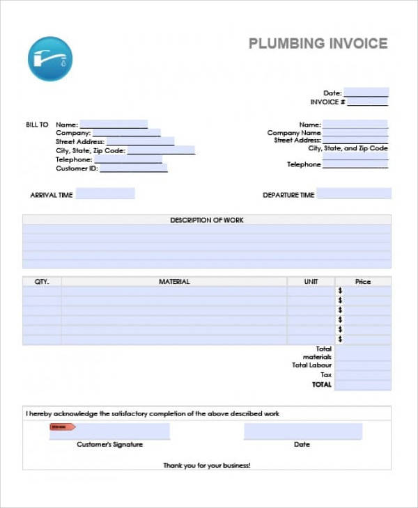 FREE 7  Sample Plumbing Invoice Templates in PDF Excel MS Word